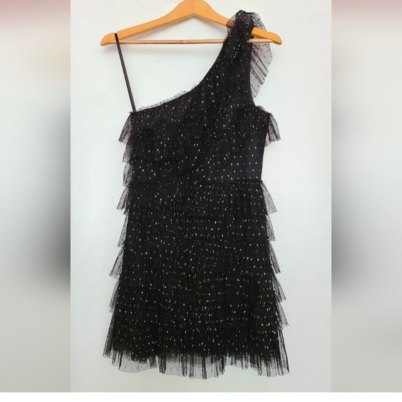 BCBGMaxAzria One Shoulder Black and Gold Tulle Dress - Picture 1 of 13